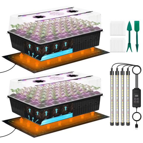 2-pack 120 Cell Self Watering Seed Starter Tray With Grow Light Kit, Heat Mat, 4.13 Inch Humidity Dome, LED Lights, Tools Included