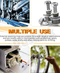 Stainless Steel E Clips and Internal Tooth Star Lock Washers Kit, machinery and automotive uses, various applications shown