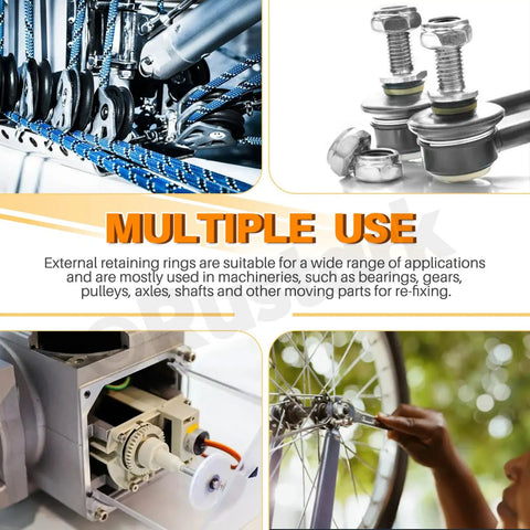 Stainless Steel E Clips and Internal Tooth Star Lock Washers Kit, machinery and automotive uses, various applications shown