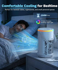 4 In 1 Personal Portable AC Cooler With Ice Water Mist on nightstand cooling sleeping person, white unit with remote