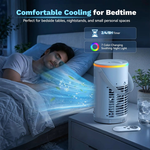 4 In 1 Personal Portable AC Cooler With Ice Water Mist on nightstand cooling sleeping person, white unit with remote