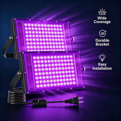 2 Pack 100W Black Light Flood Light Blacklight for Glow Party with durable bracket and power cord, ideal for neon illumination.