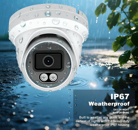 5MP Color Vu Full Color Night Vision Vandal Dome PoE IP Camera Outdoor 2.8mm Wide Angle H265 IP67 Waterproof NVR Ready Requires NVR For Operation Not Standalone under rain showing IP67 weatherproof capability