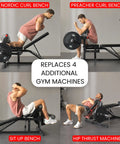 GLX Adjustable Weight Bench With Leg Extension And Curl Machine demonstrating various workout positions including preacher curl and hip thrust.