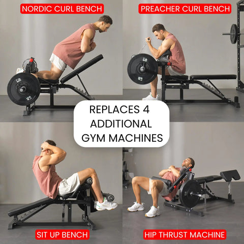 GLX Adjustable Weight Bench With Leg Extension And Curl Machine demonstrating various workout positions including preacher curl and hip thrust.