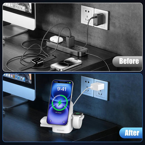Before and after using Three In One Magnetic Wireless Charging Station For Apple And Samsung Dope Qi2 Certified 15W Fast MagSafe Charger Stand For iPhone 17 16 15 14 13 12 Pro Max Galaxy S25 24 23 22 AirPods And iWatch.