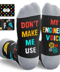 Engineer Socks Gift For Men With Mechanical And Electrical Symbols Such As Gears Pencils Rulers And Hard Hats Accompanied By A Funny Motto Dont Make Me Use My Engineer Voice For Students And Pros on sole, cotton blend, gift box visible