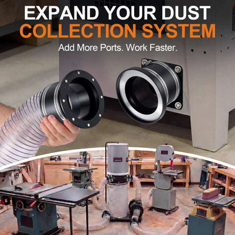 Rugged 4 Inch Magnetic Dust Collection Quick Connect Fitting Kit With Swappable Rubber Couplers for quick shop vac hose connections.