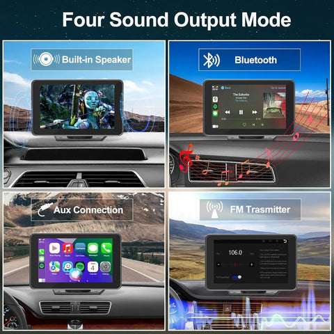 Wireless CarPlay Screen With Fast Auto Connect 7 Inch Portable Android Auto Display showing four sound output modes in car