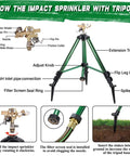 2 Pack Impact Sprinklers On Tripod Bases With Stakes 360 Degree Coverage Irrigation System showing brass nozzle and tripod legs