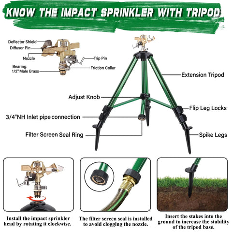 2 Pack Impact Sprinklers On Tripod Bases With Stakes 360 Degree Coverage Irrigation System showing brass nozzle and tripod legs