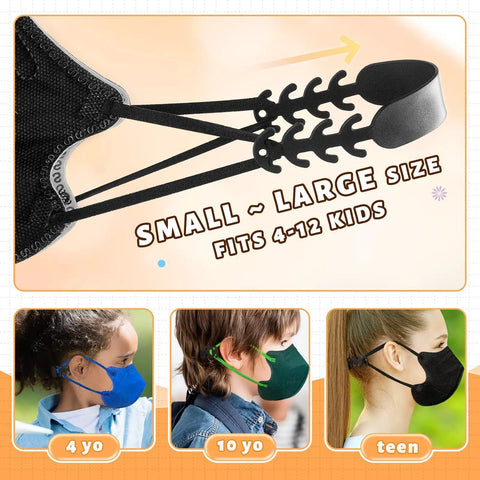 Image showing Kids KN95 Disposable Face Masks Pack of 50 for Small to Large Kids Breathable Everyday Use Protection With Comfortable Ear Loops FSA HSA Eligible Child Mask illustrating size and fit.