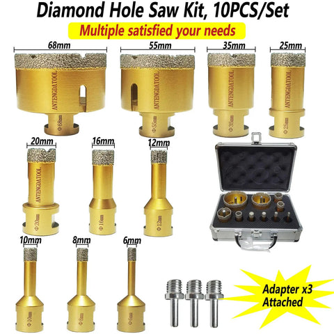 Dry And Wet Vacuum Brazed Diamond Hole Saw Set 10 Piece Heavy Duty Kit For Ceramic Tile Porcelain Marble Granite Stone Drill Bits