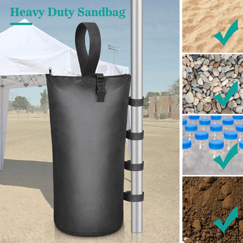 4 Pack Beefy 210 Pound Sandbags With Zippers And Straps For Beach Canopies Pop Up Tents RV Awnings Patio Umbrella Bases Gazebos And Trampolines Made With 1680D Oxford Fabric attached to pole