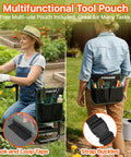 Heavy Duty Garden Kneeler And Seat With Extra Wide 10.2 Inch Kneeling Pad And 1.6 Inch Foam Cushion, Foldable Garden Stool With Two Tool Pouches used by woman in garden