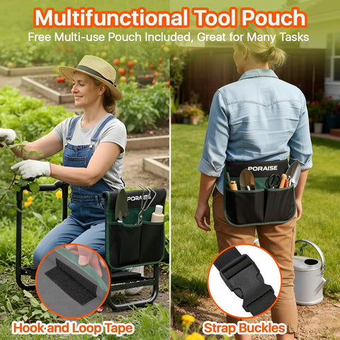 Heavy Duty Garden Kneeler And Seat With Extra Wide 10.2 Inch Kneeling Pad And 1.6 Inch Foam Cushion, Foldable Garden Stool With Two Tool Pouches used by woman in garden