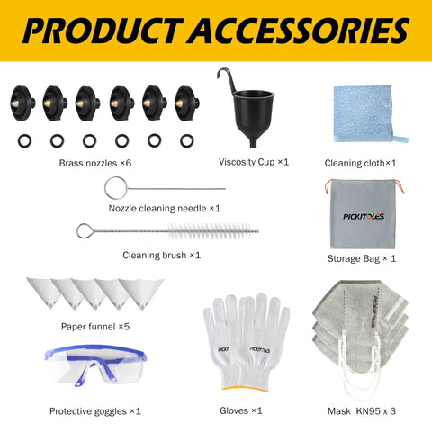 Top Tier 1000W HVLP Electric Paint Sprayer With Beast Mode Motor And Six Interchangeable Nozzles accessories including nozzles, cup, brushes, gloves, and mask.