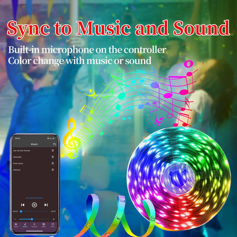 50 Feet RGB LED Strip Lights With Music Sync App Control And 44 Key Remote Flexible Tape for music and sound syncing