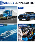 Collage of truck, car, boat, and machinery with 'Widely Application' label