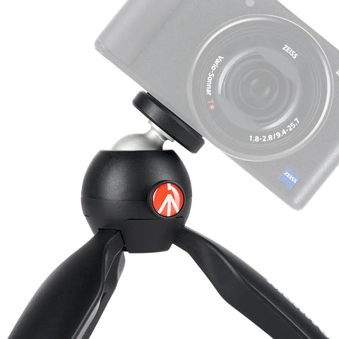 PIXI Mini Tripod With Handgrip For Compact System Cameras, DSLRs And Mirrorless, showing ball head and 1/4 inch screw detail