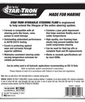 Premium Synthetic Blend Marine Grade Hydraulic Steering Fluid ISO 15 label with usage instructions and features.