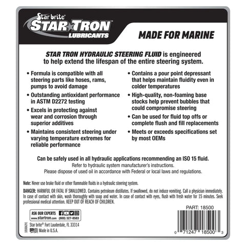 Premium Synthetic Blend Marine Grade Hydraulic Steering Fluid ISO 15 label with usage instructions and features.