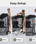 Man setting up Mosquito Net For Canopy Chair And Patio Swing With Zipper Door Extra Large No-See-Um Breathable Mesh
