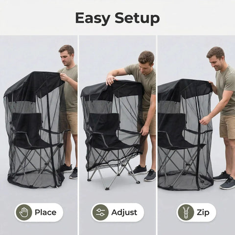 Man setting up Mosquito Net For Canopy Chair And Patio Swing With Zipper Door Extra Large No-See-Um Breathable Mesh