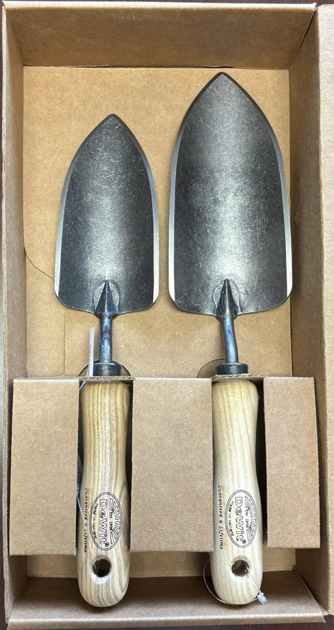 Two Piece Forged Garden Trowel Gift Set Includes Small And Large Trowels For Planting Digging Aerating And Weeding A Real Green Thumb Starter Kit Durable Dutch Made Hand Tools For The Gardener In Your Life with wooden handles in box
