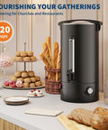 Commercial Coffee Urn, 120 Cup Capacity, 18 Liter Large Electric Beverage Dispenser, Double Wall Stainless Steel, Fast Heat, Catering Grade Coffee Maker for Buffets, Parties, Weddings, Black on buffet table with pastries.