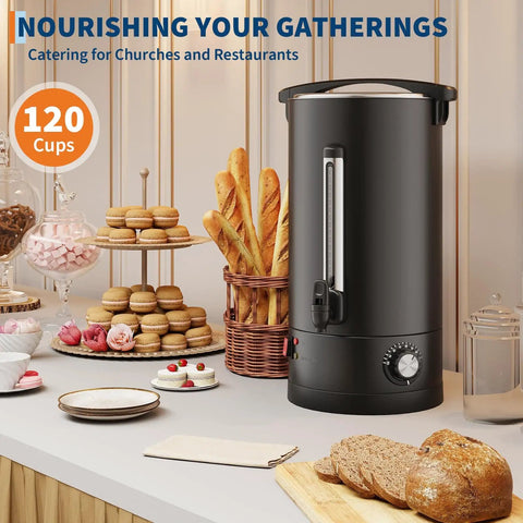 Commercial Coffee Urn, 120 Cup Capacity, 18 Liter Large Electric Beverage Dispenser, Double Wall Stainless Steel, Fast Heat, Catering Grade Coffee Maker for Buffets, Parties, Weddings, Black on buffet table with pastries.