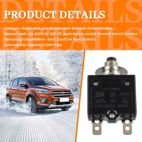 20 Amp Push Button Circuit Breaker 125 To 250V AC And 50V DC, Thermal Overload Protector, 1000 Amps Interrupt Capacity, Single Pole, Push To Reset, L1 Series, Ideal For Home And Light Commercial Panels. Black 20A breaker with metal terminals