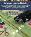 Grab And Go Cordless Handheld Sewing Machine For Beginners And Adults, sewing through multiple fabric layers, accessories visible.