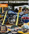 Pro Grade 4 Pack 2 Inch Ratchet Straps Heavy Duty Tie Down Ratcheting securing a motorcycle in a truck bed.