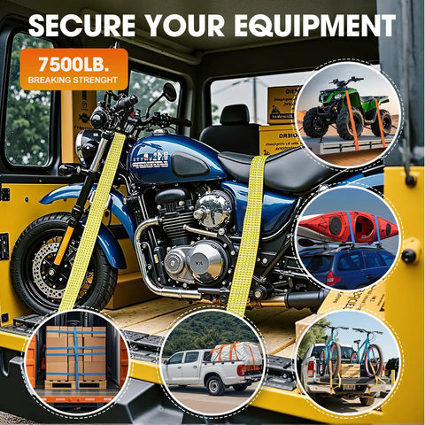 Pro Grade 4 Pack 2 Inch Ratchet Straps Heavy Duty Tie Down Ratcheting securing a motorcycle in a truck bed.