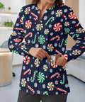 Womens Christmas Print Long Sleeve Medical Scrub Jacket With Snap Front For Quick On Off And Full Mobility For Nurses On The Go
