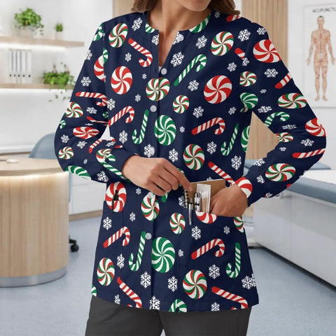 Womens Christmas Print Long Sleeve Medical Scrub Jacket With Snap Front For Quick On Off And Full Mobility For Nurses On The Go