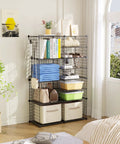 Interlocking Metal Wire Cube Storage Unit With Divider Design in room, storing books, towels, boxes, and bags.