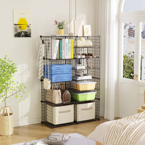 Interlocking Metal Wire Cube Storage Unit With Divider Design in room, storing books, towels, boxes, and bags.
