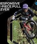 Cyclist using Nine Speed Mech MTB Shifter With Two Piece Pull Lever Up To Three Gears Per Click on mountain trail