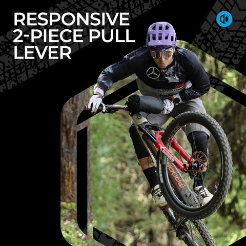 Cyclist using Nine Speed Mech MTB Shifter With Two Piece Pull Lever Up To Three Gears Per Click on mountain trail