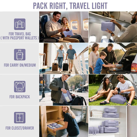 Collage of travelers using 8 Piece Packing Cubes Set For Travel Essentials In Four Sizes in various settings like airplane and camping.