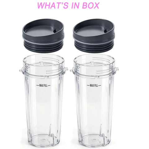 Two 16oz Replacement Blender Cup With Lids For Ninja Blenders Two Pack, 4 Tabs, 3.35 Inch Blade, shown with lids off