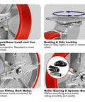 Heavy Duty Eight Inch Caster Wheels Set Of Four Polyurethane Swivel Casters With Six Thousand Pound Capacity close-up of wheel features