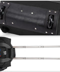 Underseat Rolling Duffle Bag 18x14x8 Inches Personal Item for Travel Fits Major Airlines Like AA and Frontier Save On Carry On Fees Black Durable Build With Smooth Wheels For Weekend Getaways And Business Trips, close-up of wheels and handle.