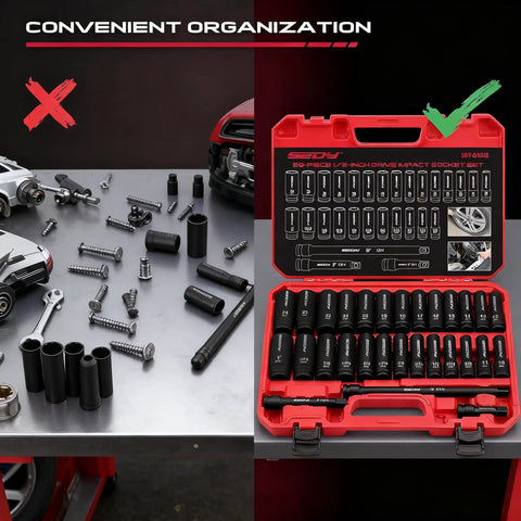 Heavy Duty 29-Piece 1/2 Inch Drive Impact Socket Set, organized in durable case, SAE and metric sizes visible.