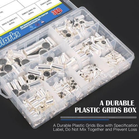 380 Pcs Wire Ferrule Kit With Eight Sizes From AWG 12 To 2/0 Copper Silver Plated Crimp Connectors in clear plastic box