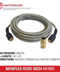 Morflex Series 3300 PSI Pressure Washer Hose for Cold Water Use, 25 Feet, One Quarter Inch Inner Diameter with M22 Fittings