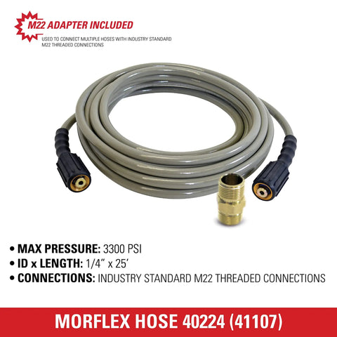 Morflex Series 3300 PSI Pressure Washer Hose for Cold Water Use, 25 Feet, One Quarter Inch Inner Diameter with M22 Fittings