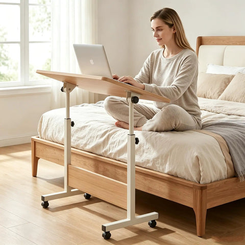 Rolling Laptop Standing Desk With Adjustable Tilting Tabletop And Smooth Locking Casters Lightweight Foldable Computer Workstation in bedroom.